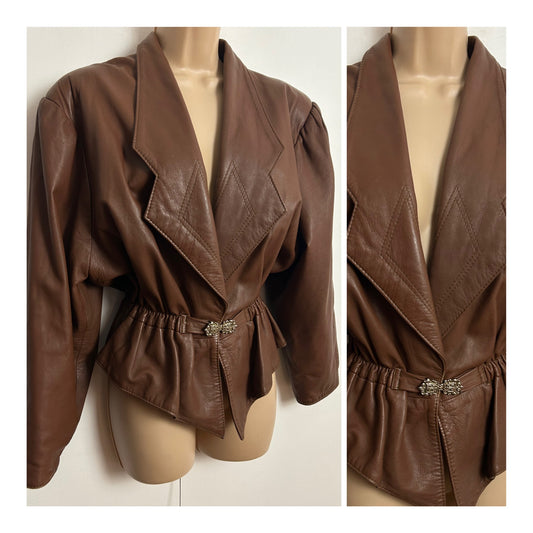 Vintage 1980s UK Size 12 Soft Supple Brown Leather Buckle Waisted Peplum Jacket