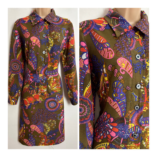 Vintage Late 1960s CARNEGIE OF LONDON UK Size 10-12 Olive Green Pink & Yellow Floral & Paisley Print Long Sleeve Shift Mod Dress