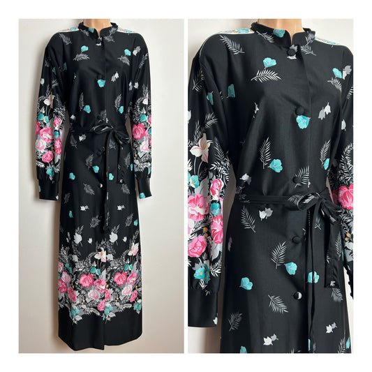 Vintage 1970s ULRIKE Size 14-16 Black Grey Pink & Turquoise Floral Print Belted Maxi Dress