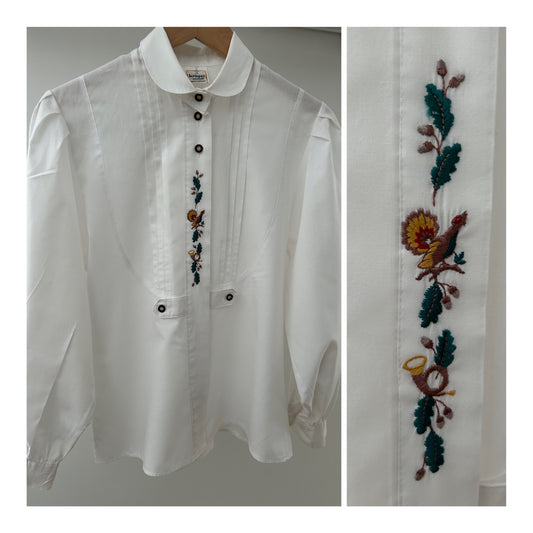 Vintage UK Size 12 White Pleated Embroidered Leaves, Bird & French Horn Detail Long Sleeve Traditional Austrian Trachten Folk Shirt