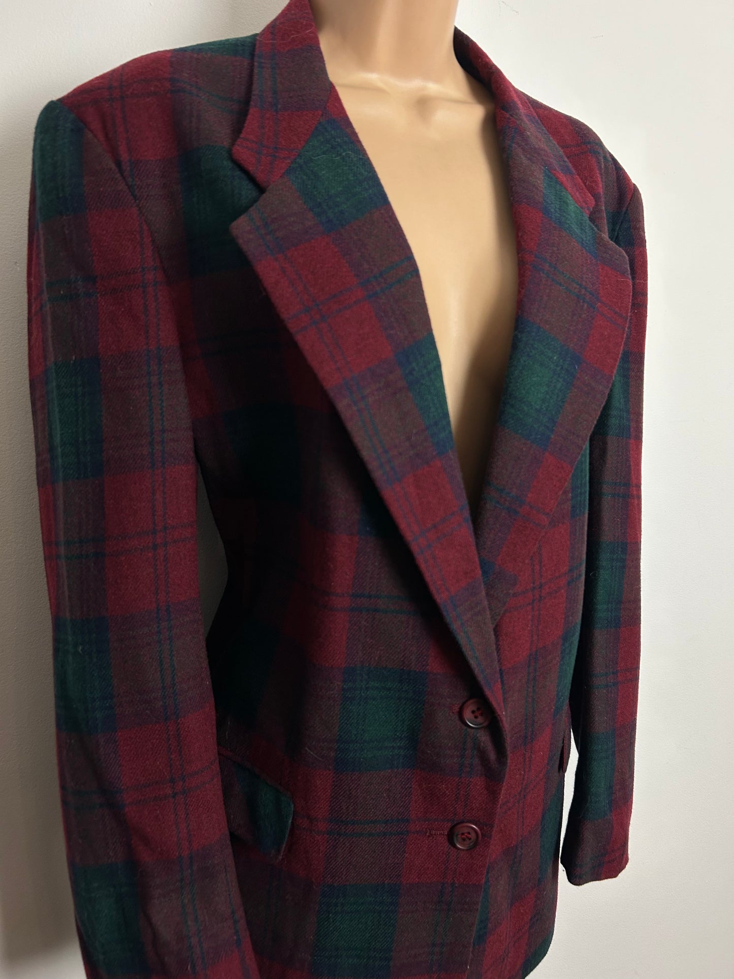 Vintage 1980s Size 14-16 Dark Red & Green Tartan Check Wool Mix Blazer