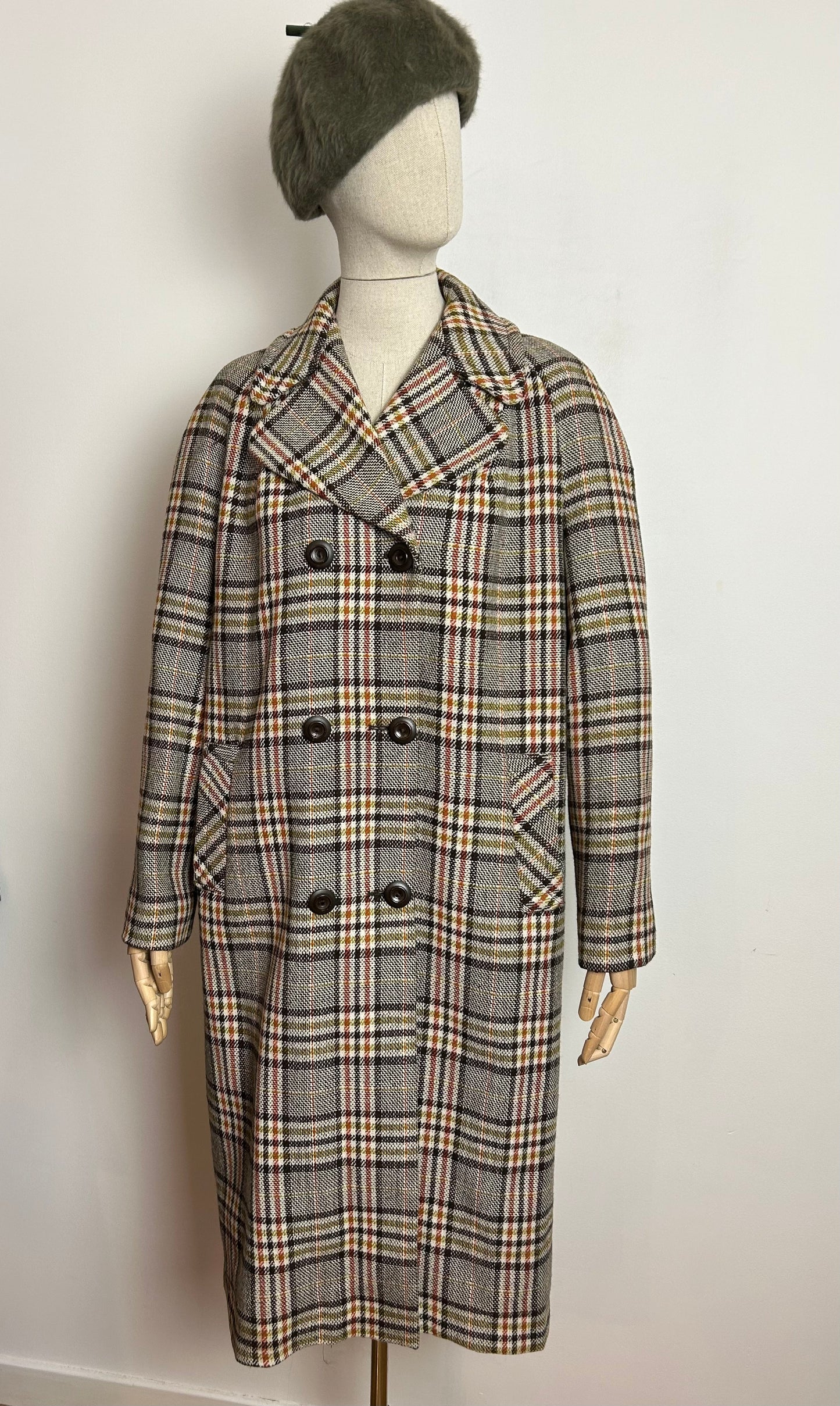 Vintage LAURE OF LEICESTER UK Size 14-16 Brown Cream & Rust Check Double Breasted Winter Coat