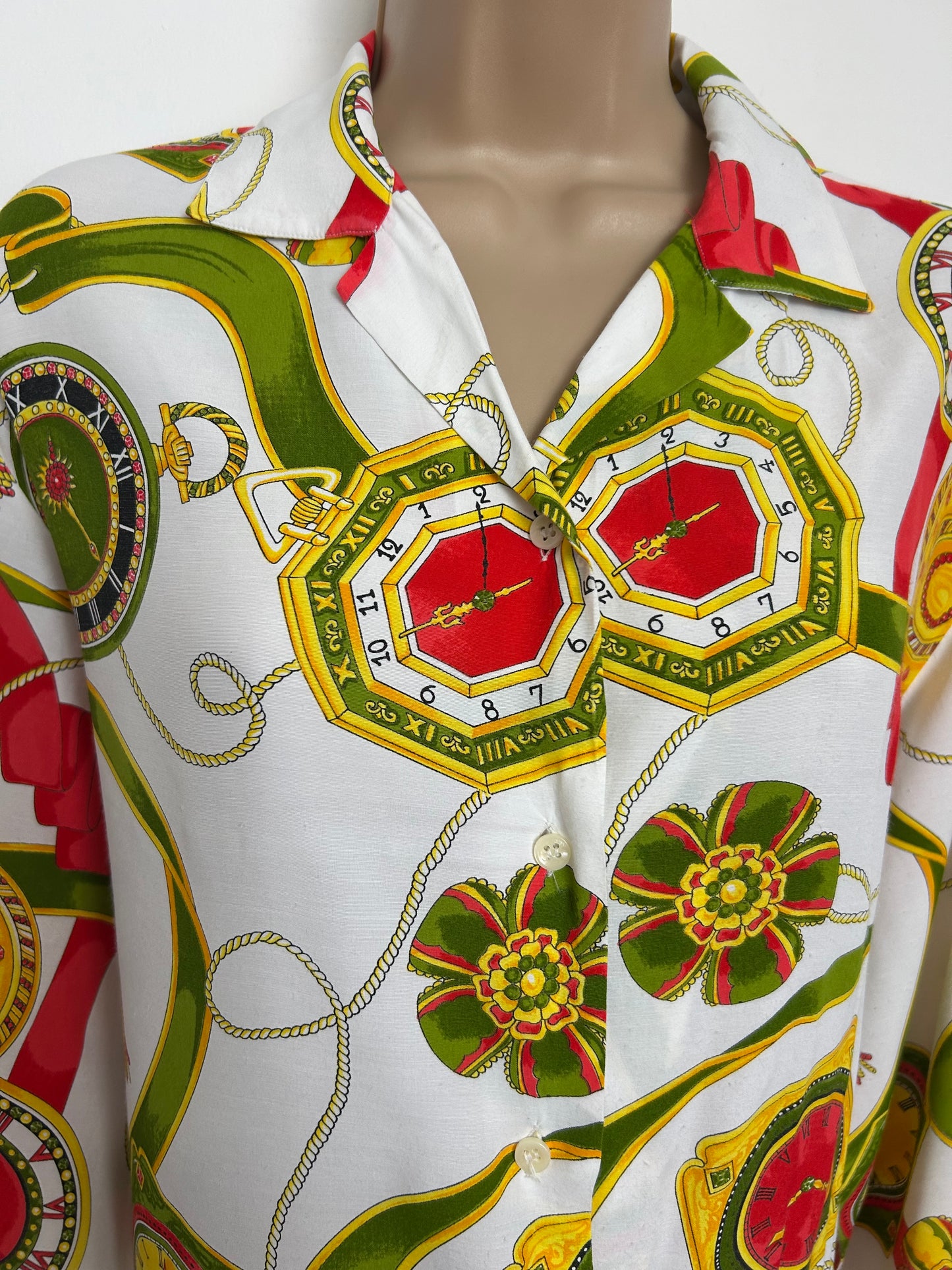 Vintage 1990s Size 14-16 White Red Green & Gold Baroque Clock Print Long Sleeve Shirt