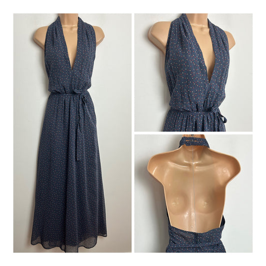 Vintage 1970s NUMBER FIVE Size 10 Dark Grey Red Polka Dot Halter Belted Summer Maxi Dress