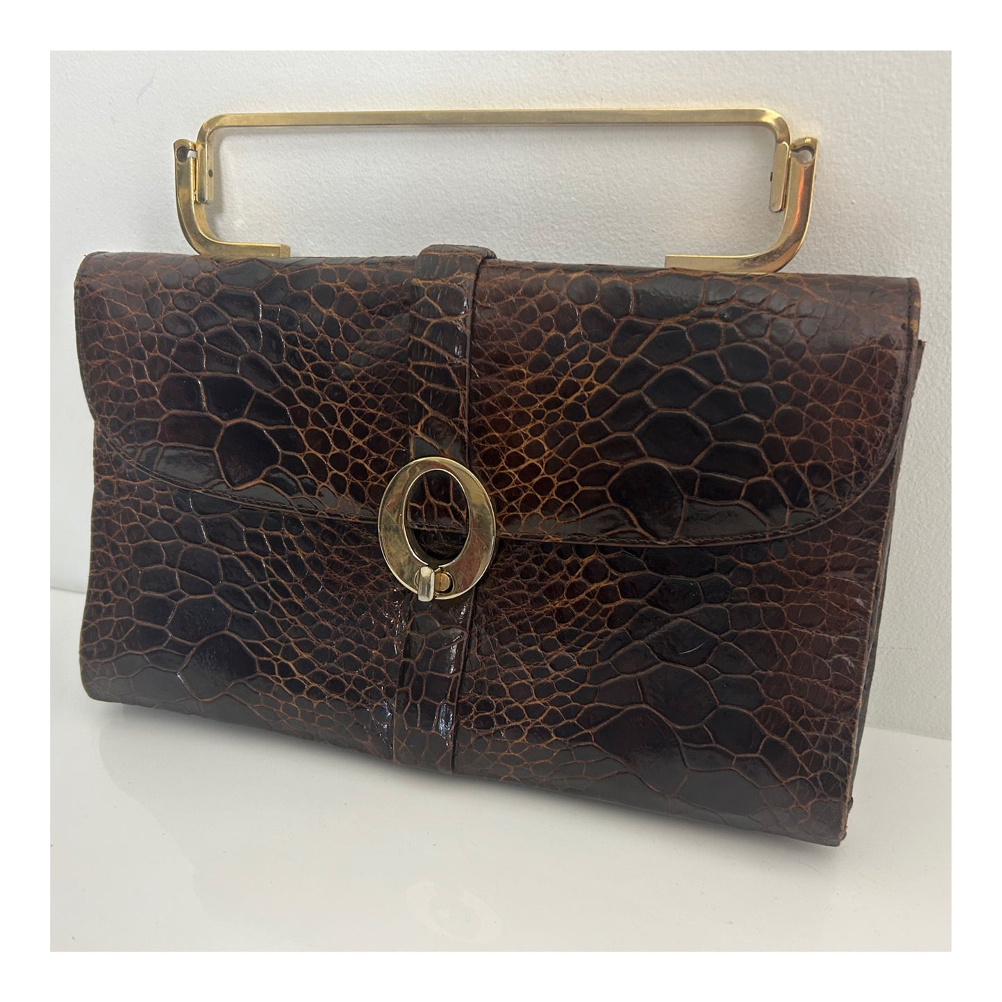 Vintage 1960s Gorgeous Mexican OTTO BULER G Brown Turtle Skin Gold Handle Handbag