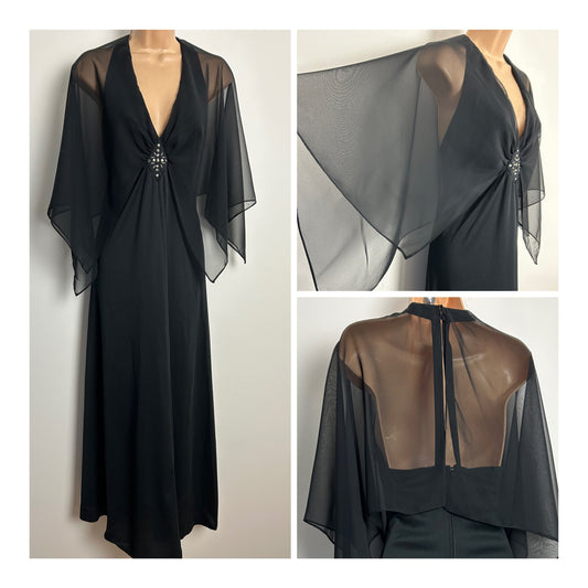 Vintage 1970s Size 10 Black Open Back Chiffon Floaty Cape Sleeve Diamante & Bead Detail Occasion Maxi Dress