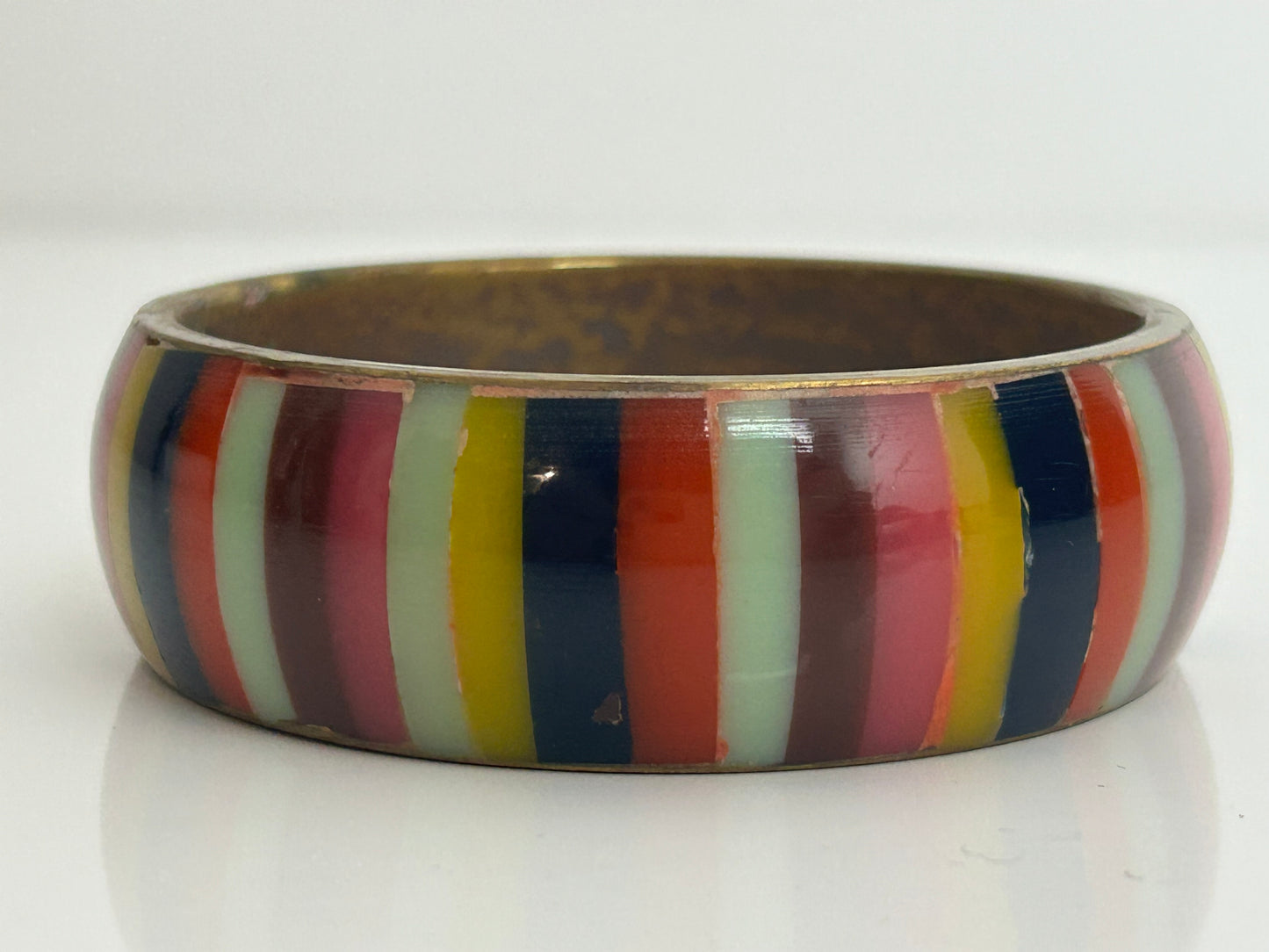 Vintage 1980s Gorgeous Brass Bangle With Multicolour Stripe Pattern