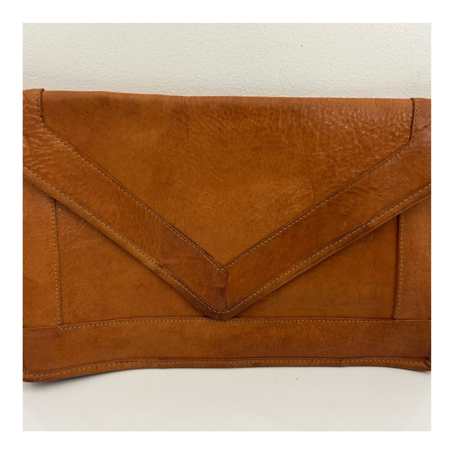 Vintage 1970s Large Tan Brown Leather Envelope Clutch Bag