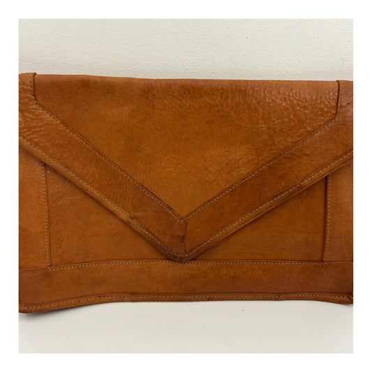 Vintage 1970s Large Tan Brown Leather Envelope Clutch Bag
