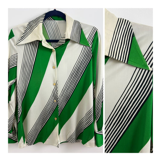 Japanese Vintage 1970s Size 12-14 Green Beige & Black Diagonal Stripe Print Dagger Collar Long Sleeve Shirt