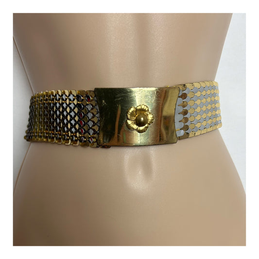 Vintage 1970s Gold & Silver Metal Fish Scale Stretchy Elasticated Belt 4cm Width