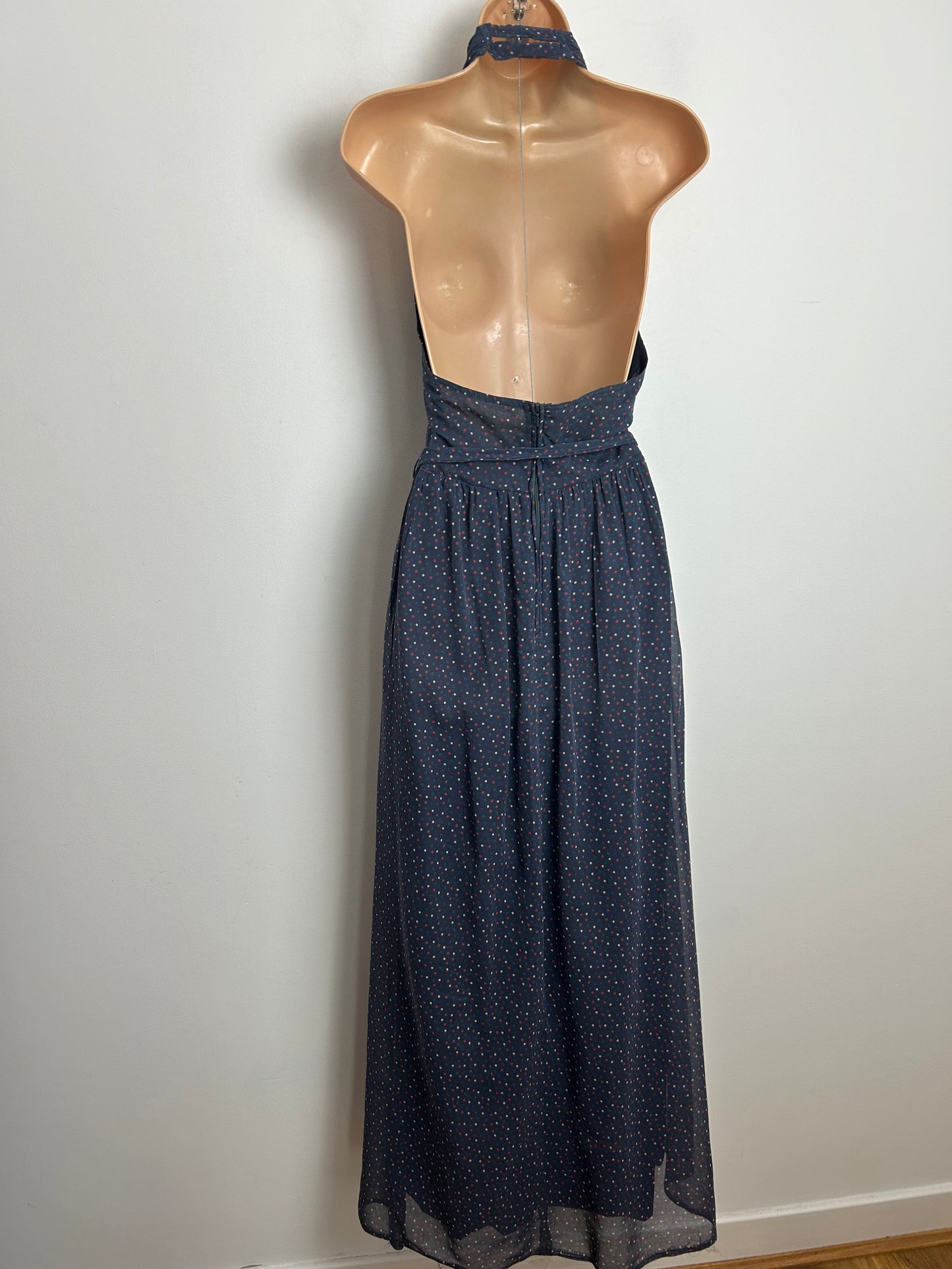 Vintage 1970s NUMBER FIVE Size 10 Dark Grey Red Polka Dot Halter Belted Summer Maxi Dress (Copy)