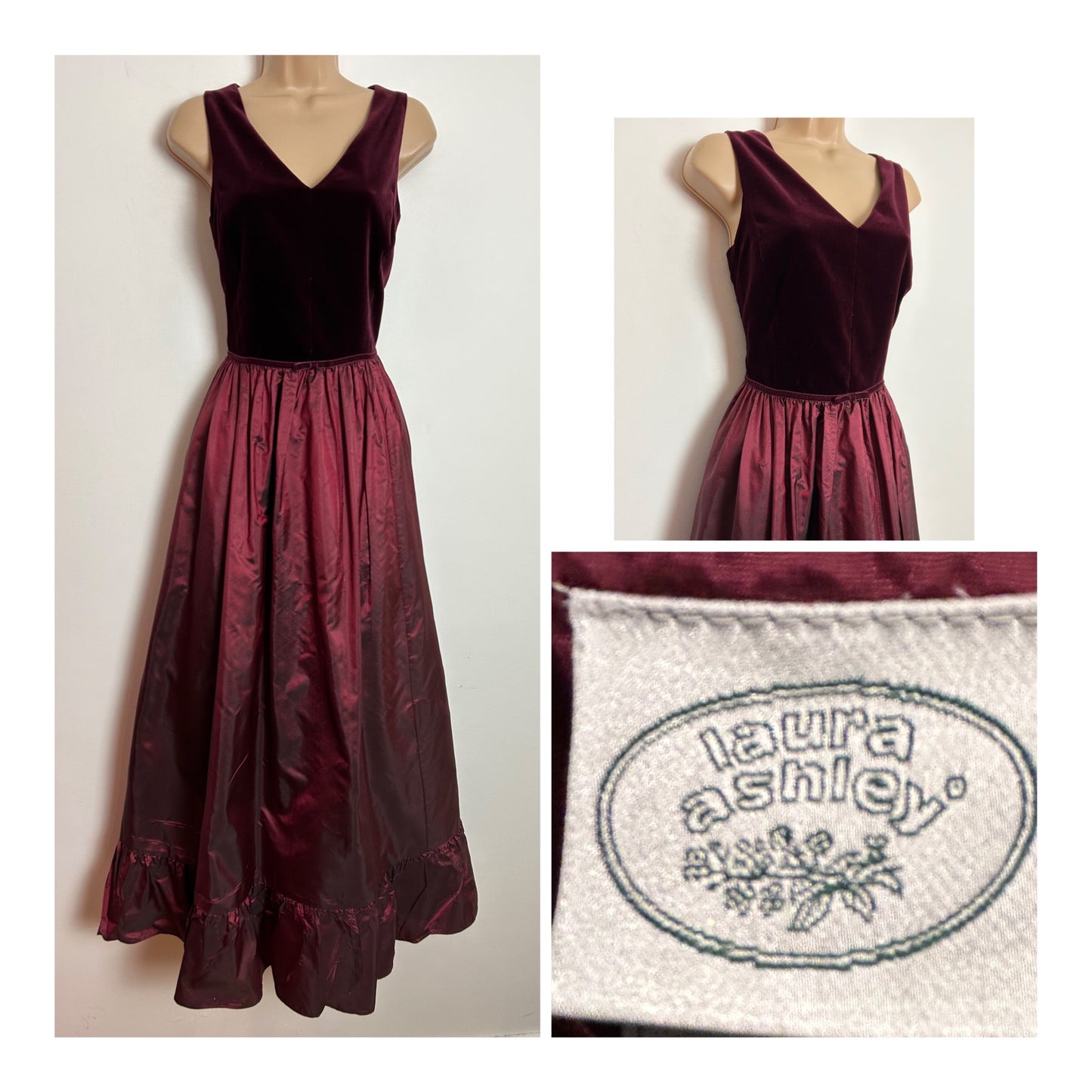 Vintage 1980s LAURA ASHLEY UK Size 12 Wine Red Velvet & Acetate Xmas Party Maxi Dress