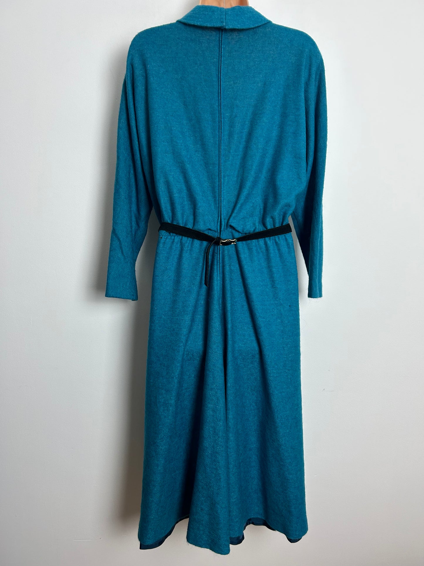 Vintage 1980s Approx UK Size 10 Peacock Blue Wool Mix Bat Wing Belted Swingy Day Dress