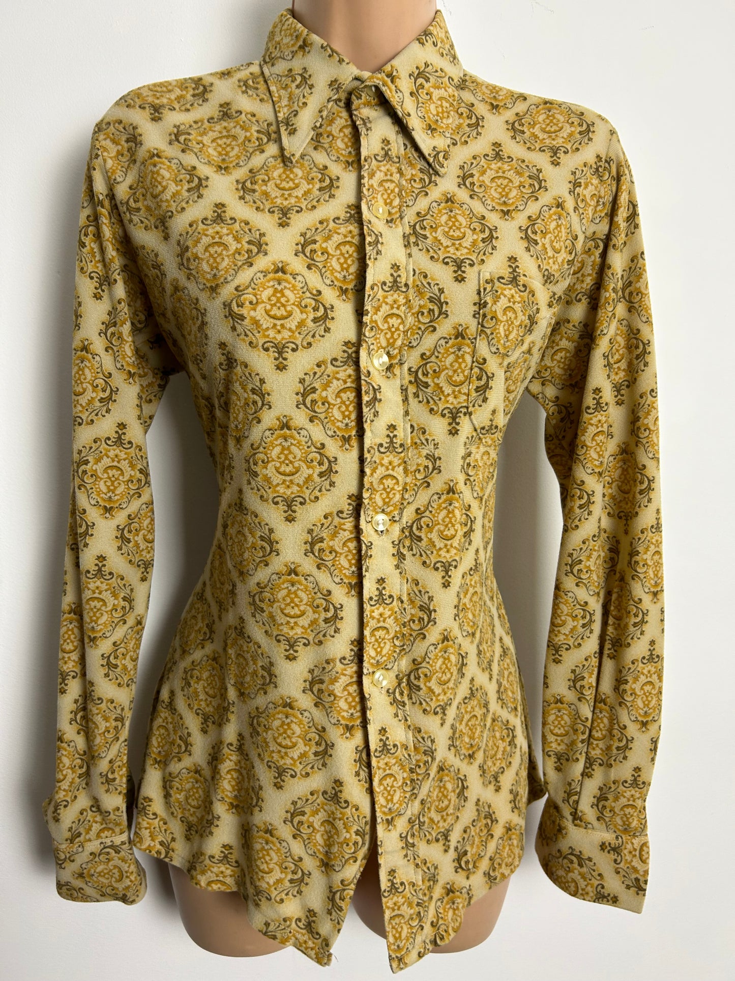 Vintage 1970s Size 12 Sandy Beige Tone Nouveau Scarf Print Long Sleeve Shirt