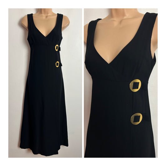 Vintage Late 1960s RICHARD SHOPS UK Size 8 Black Sleeveless Gold Buckle Detail Midi Evening Dress