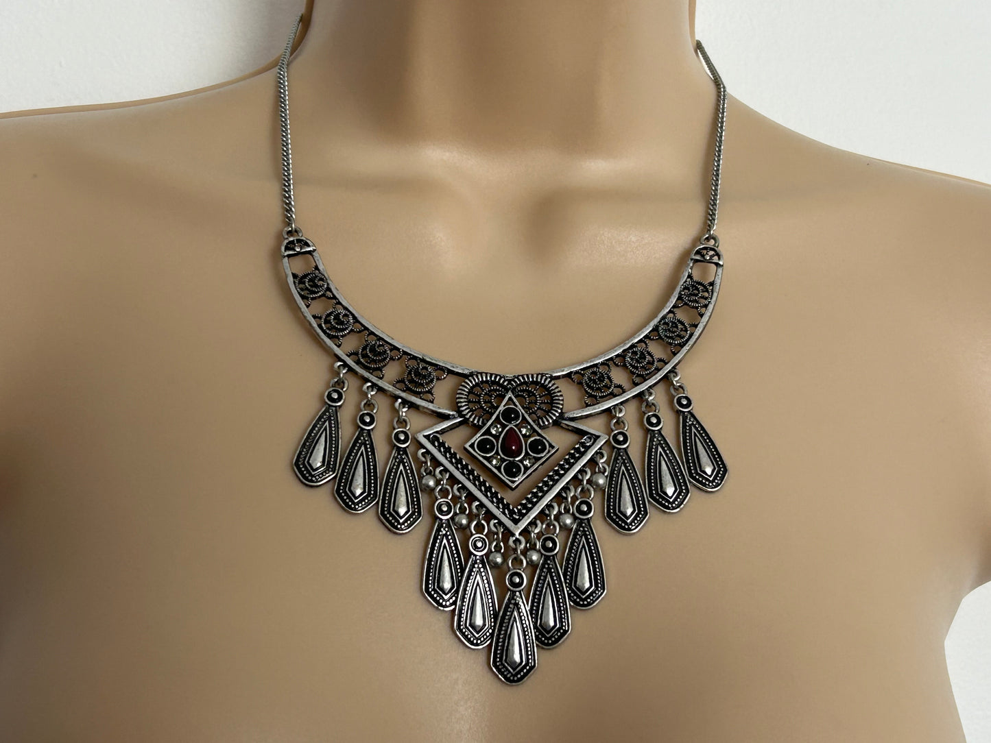 Vintage Stunning Silver Tone Filigree Style Ethnic Indian Inspired Boho Necklace