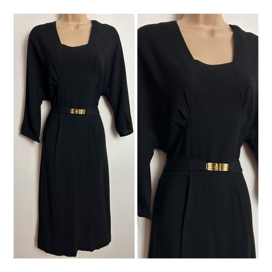 Vintage Original 1940s UK Size 12 Black Rayon Mid Sleeve Belted Dress