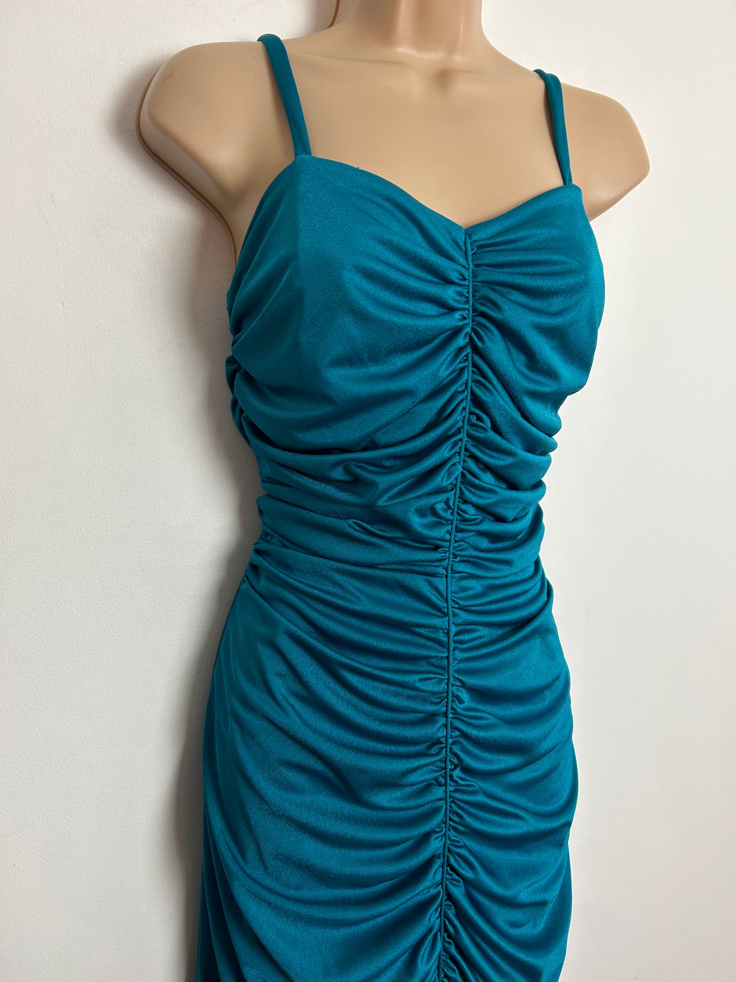 Vintage 1980s UK Size 8 Peacock Blue Ruched Fitted Wiggle Strappy Maxi Length Evening Occasion Party Dress