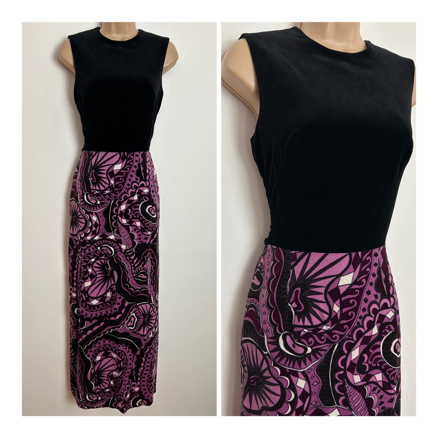 Vintage 1970s JOBI UK Size 8 Black Purple Pink & Brown Abstract Print Velvet Sleeveless Occasion Boho Maxi Dress