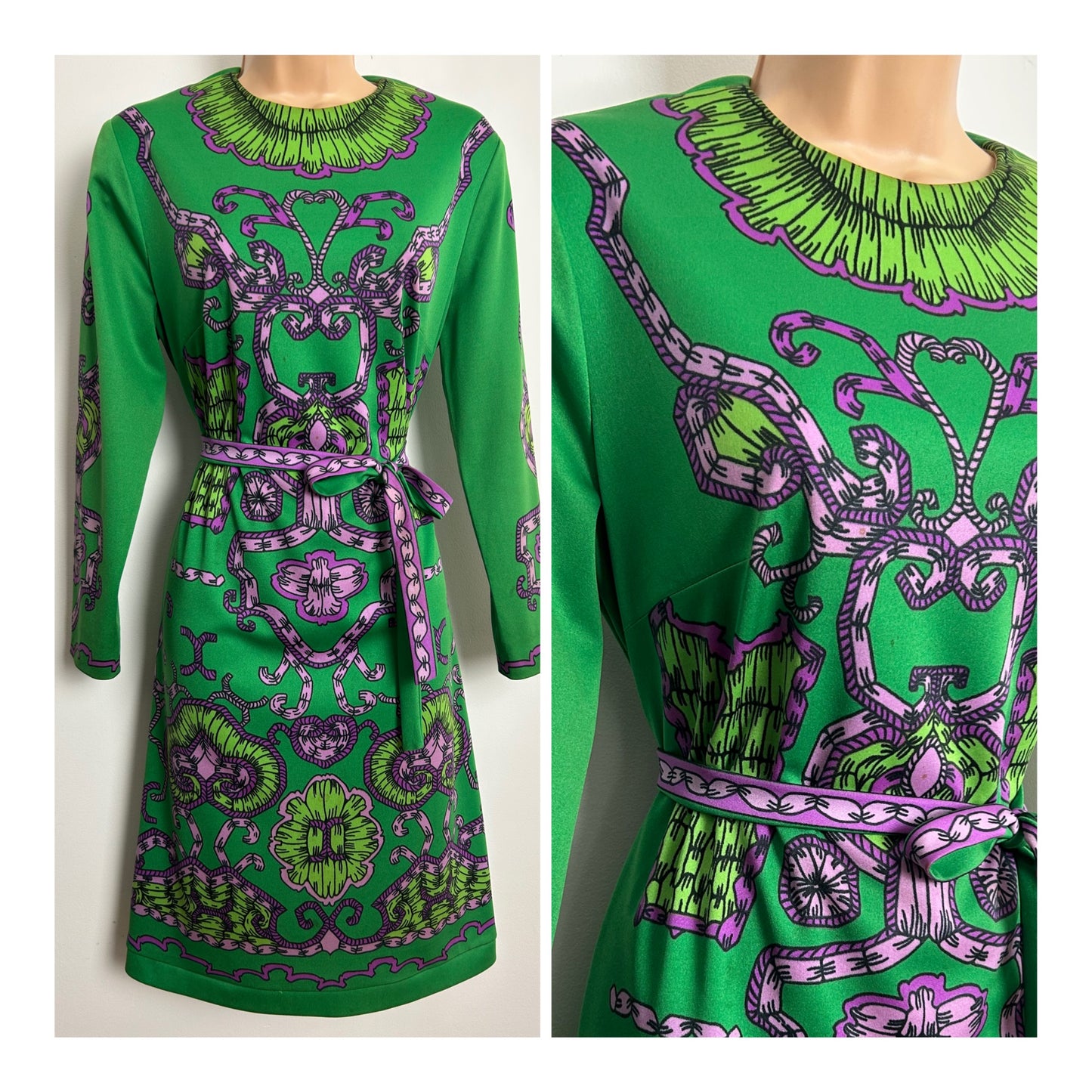 Vintage 1970s STUNNING Size 12-14 Green & Pink Tones Abstract Scarf Print Long Sleeve Belted Dress