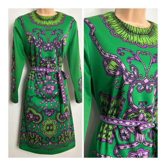 Vintage 1970s STUNNING Size 12-14 Green & Pink Tones Abstract Scarf Print Long Sleeve Belted Dress