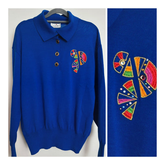 Vintage 1980s BODE Size 14 Electric Blue Wool Mix Collared Lightweight Jumper