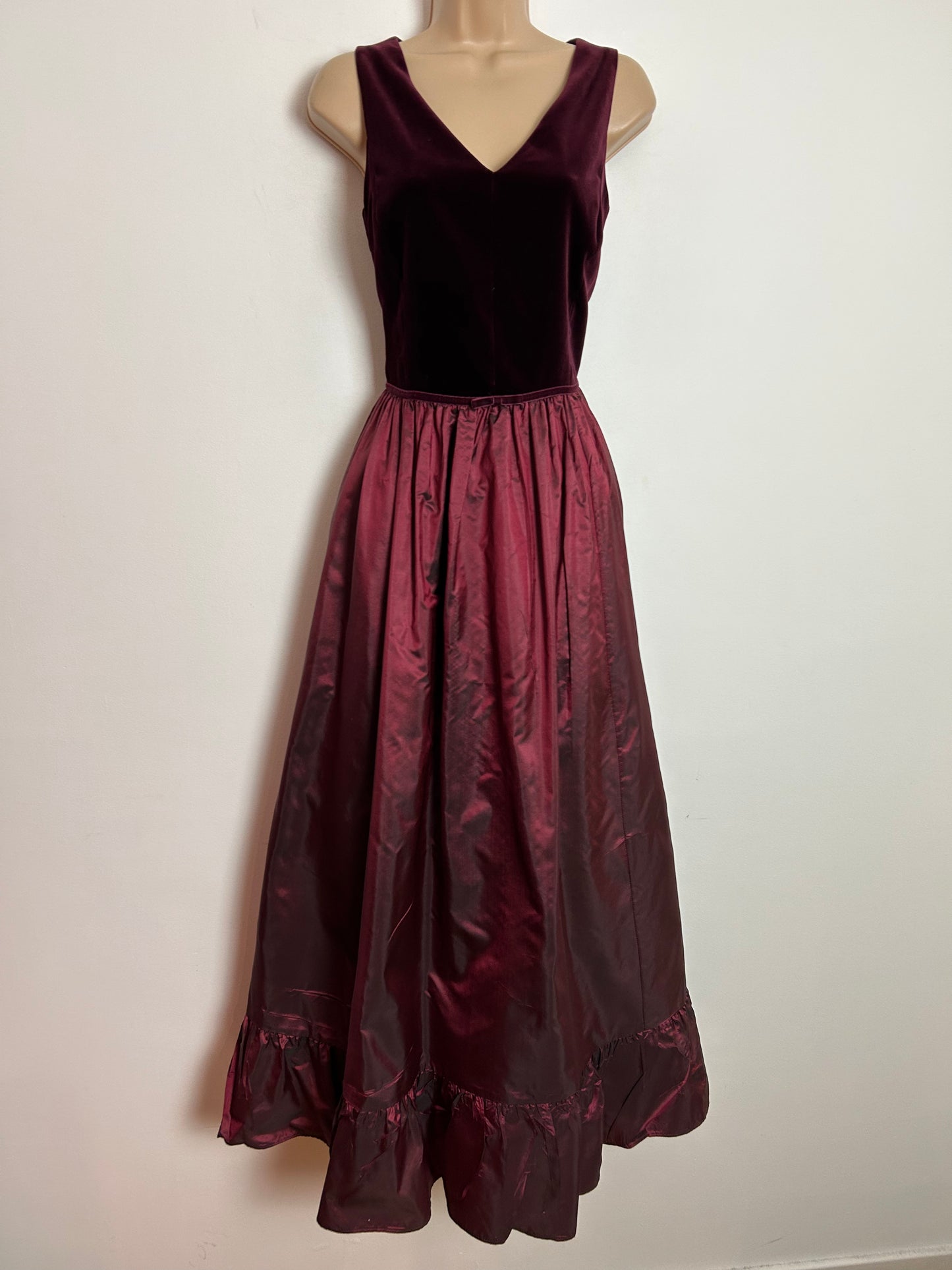 Vintage 1980s LAURA ASHLEY UK Size 12 Wine Red Velvet & Acetate Xmas Party Maxi Dress