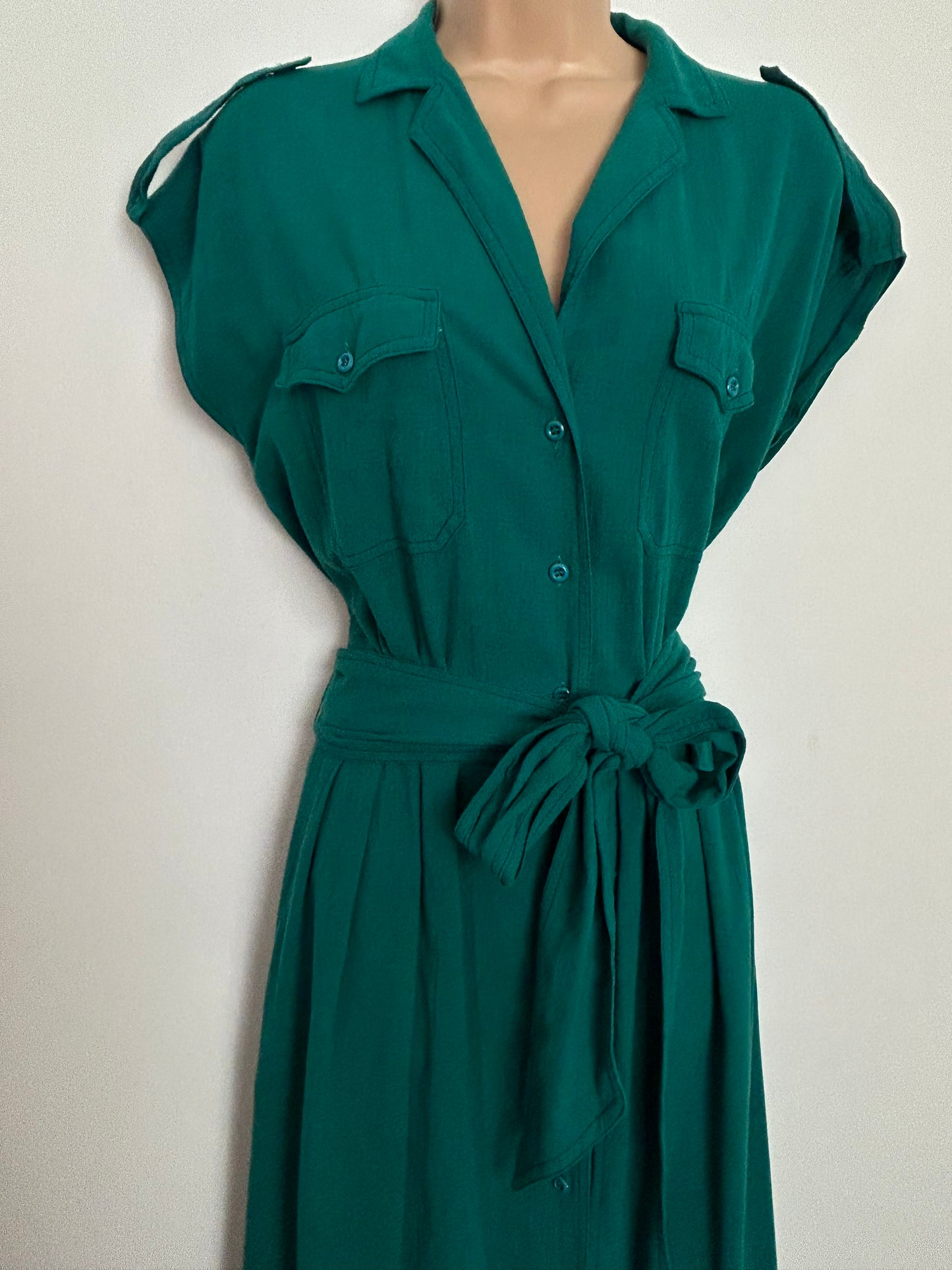 Vintage 1980s JAEGER UK Size 8 Emerald Green 100% Cotton Shirt Style Belted Midi Dress