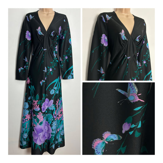 Vintage 1970s UK Size 10-12 Black Green Pink & Lilac Floral & Butterfly Print Long Sleeve Maxi Dress