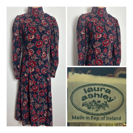 Vintage 1980s LAURA ASHLEY Made In Rep Of Ireland Size 12 Blue & Dark Red Corduroy Peated Midi Dress