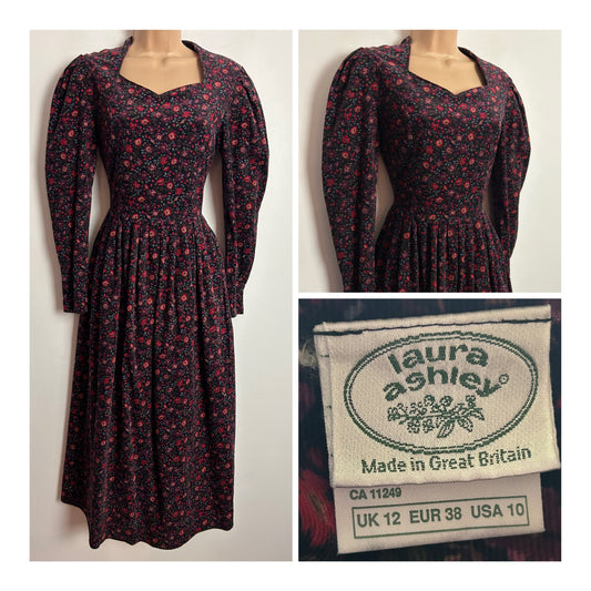 Vintage 1980s LAURA ASHLEY UK Size 10 (14 On Label) Black Red & Plum Floral Print Needlecord Cotton Dress