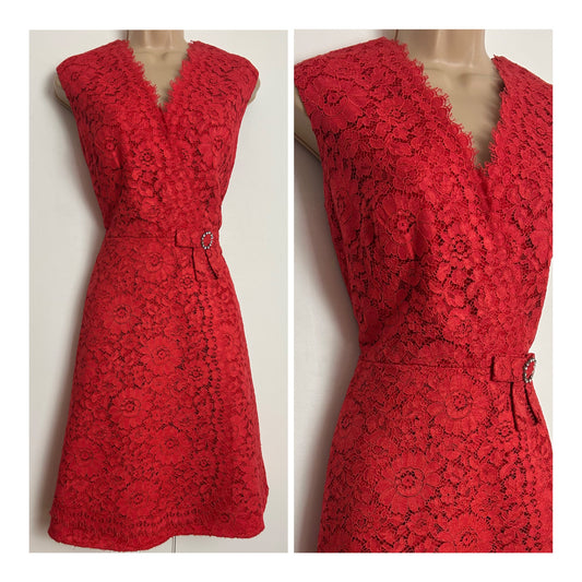Vintage 1960s DUCHESSE MODELL Size 10 Burnt Orange Guipure Lace Mock Wrap Bow Detail Mod Occasion Dress