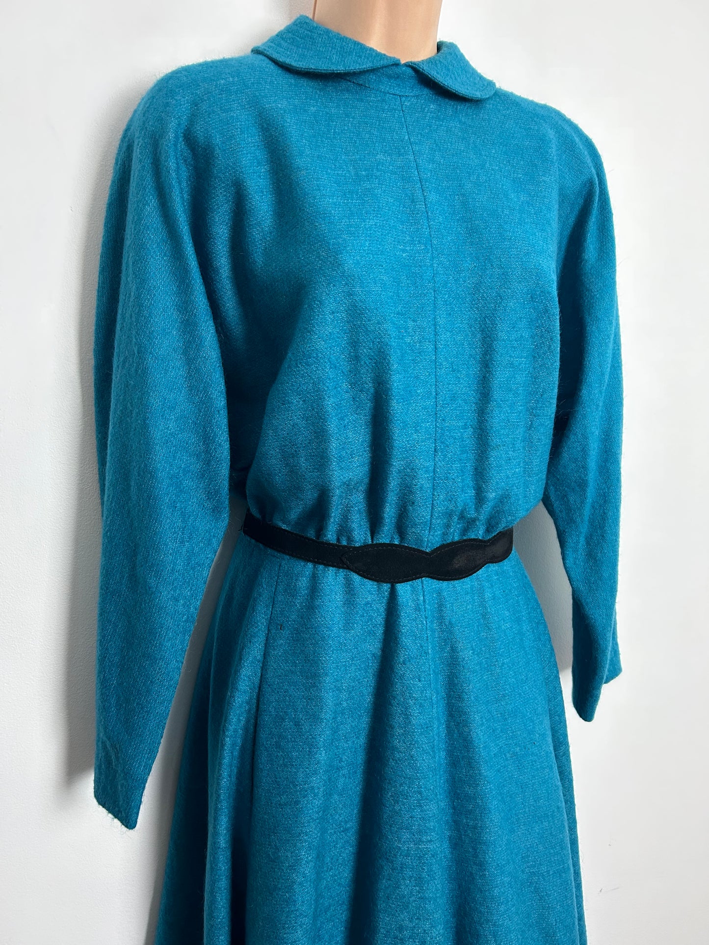 Vintage 1980s Approx UK Size 10 Peacock Blue Wool Mix Bat Wing Belted Swingy Day Dress