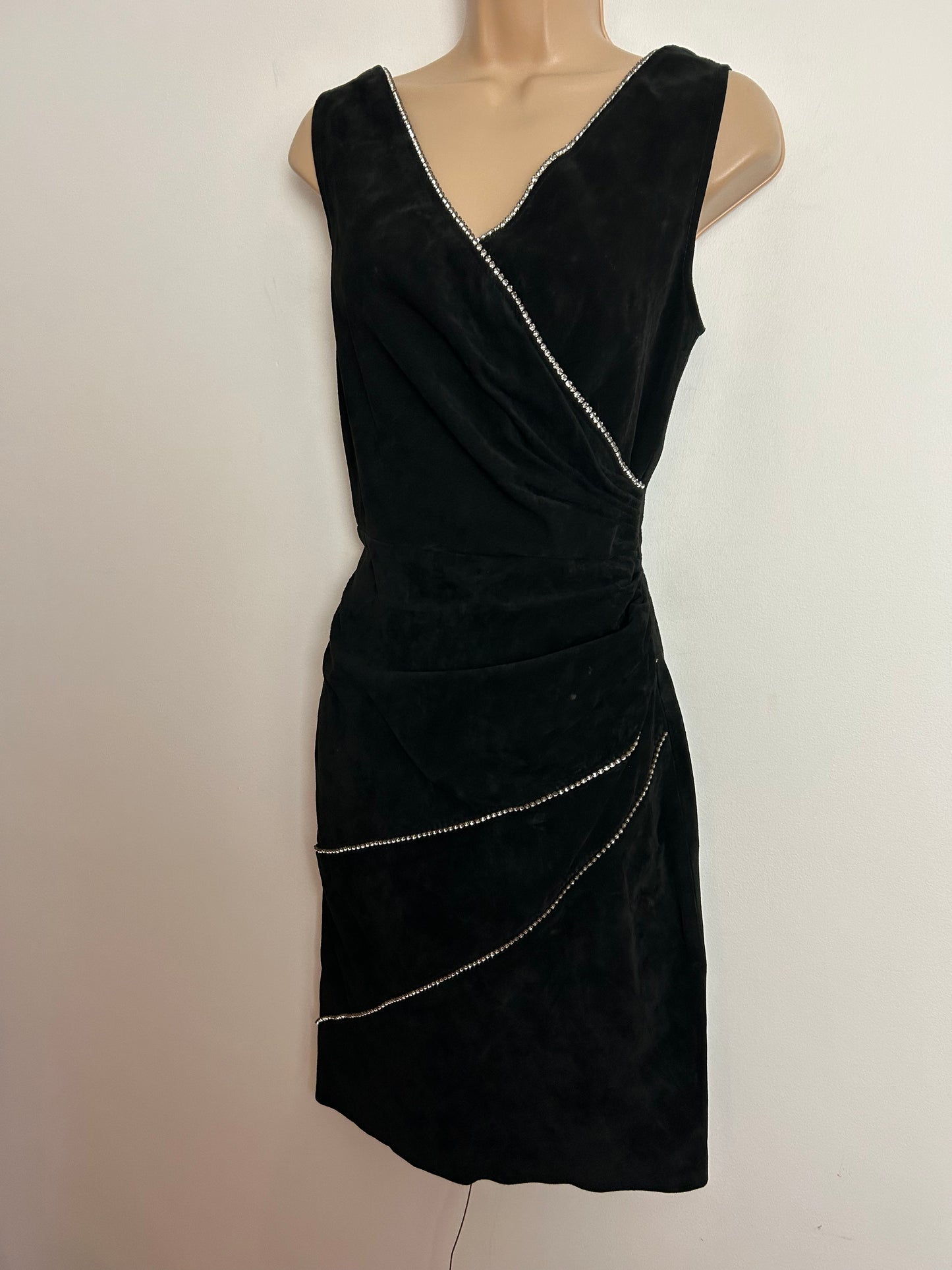 Vintage 1980s JACQUES SAC UK Size 6-8 Black Real Suede Leather Diamante Detail Fitted Cocktail Party Dress