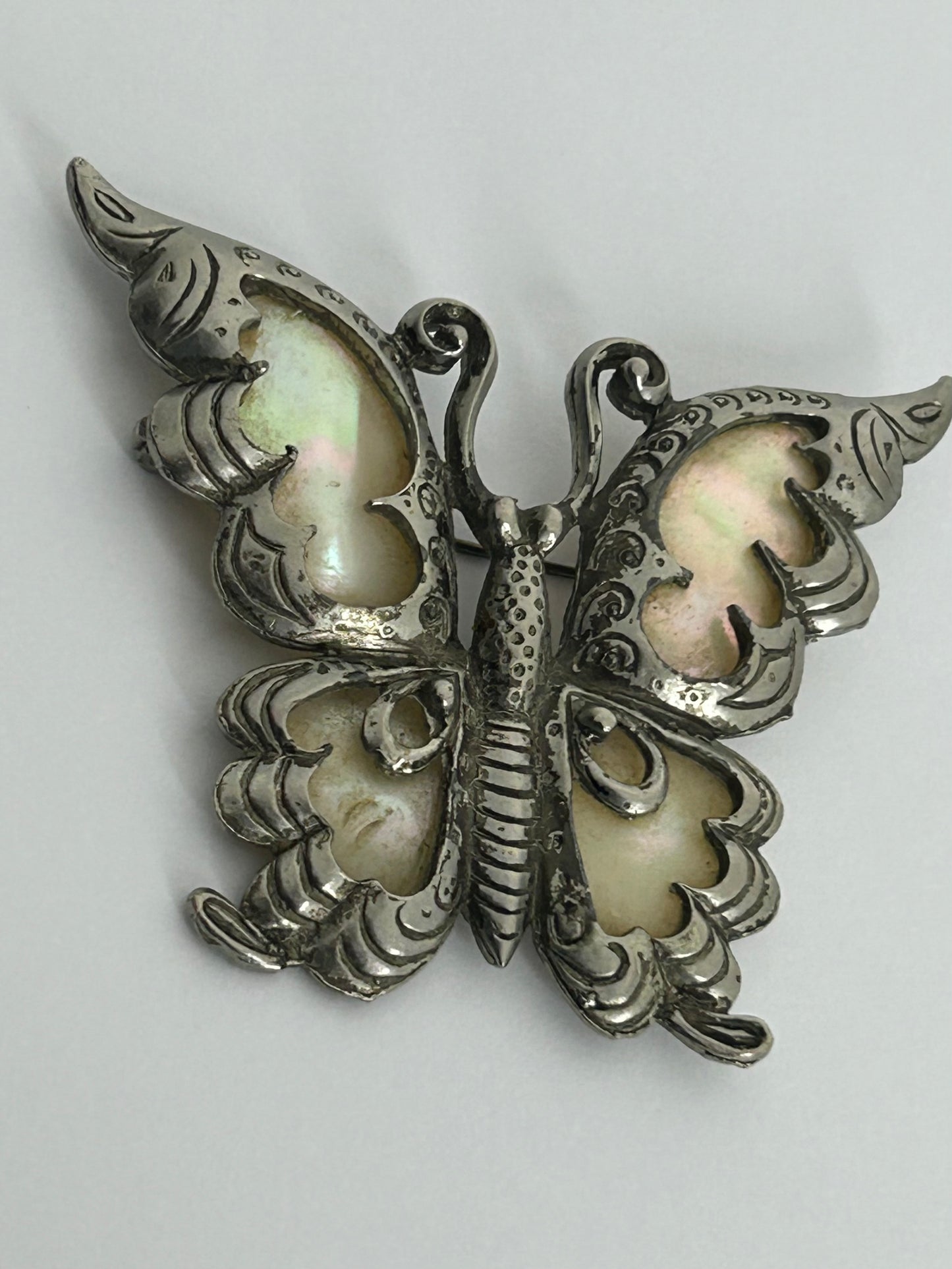Vintage Absolutely Beautiful Large Silver Tone Mother Of Pearl Set Orange Butterfly Brooch