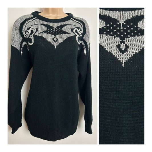 Vintage 1980s Up To Size 14/16 Black & Silver Sequin Detail Jumper