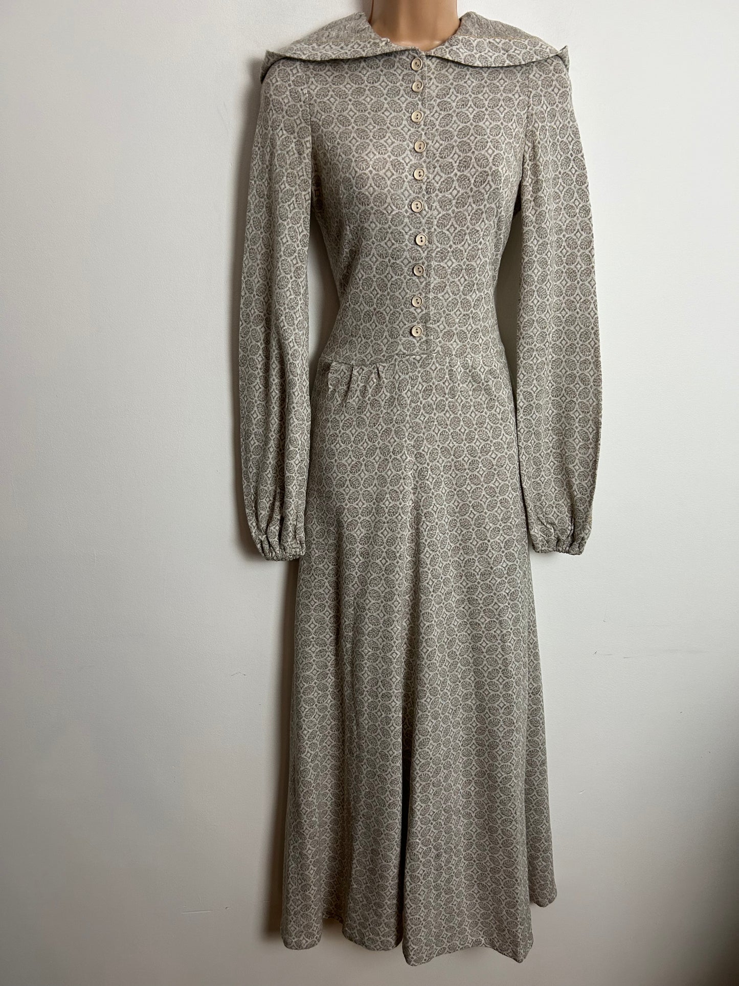 Vintage 1970s UK Size 8 Winter White & Mocha Brown Leaf & Diamond Print Wool Mix Long Sleeve Hooded Boho Maxi Dress