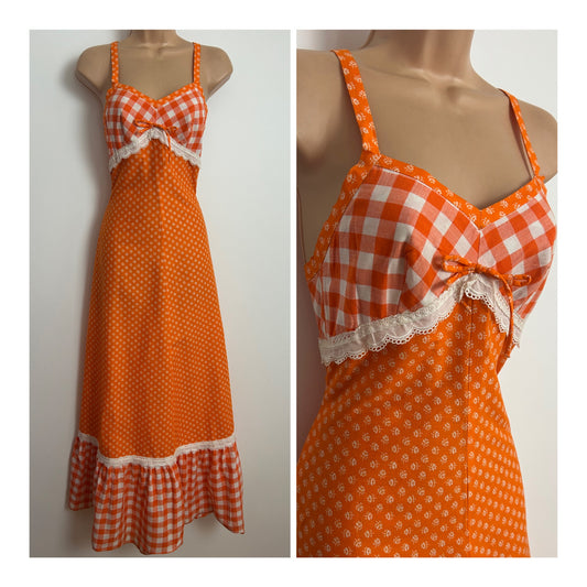 Vintage 1970s Size 4-6 Orange & White Floral & Gingham Check Cotton Prairie Summer Maxi Dress