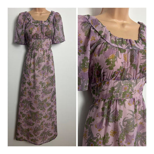 Vintage 1970s Size 10-12 Pastel Lilac & Green Floral Print Cotton Mix Boho Maxi Dress