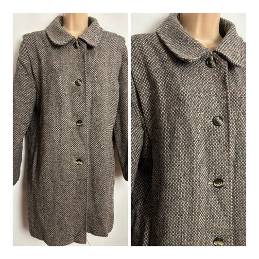 Vintage 1980s ARLETTE UK Size 14 Brown Tweed Wool Mix Fully Lined Coat