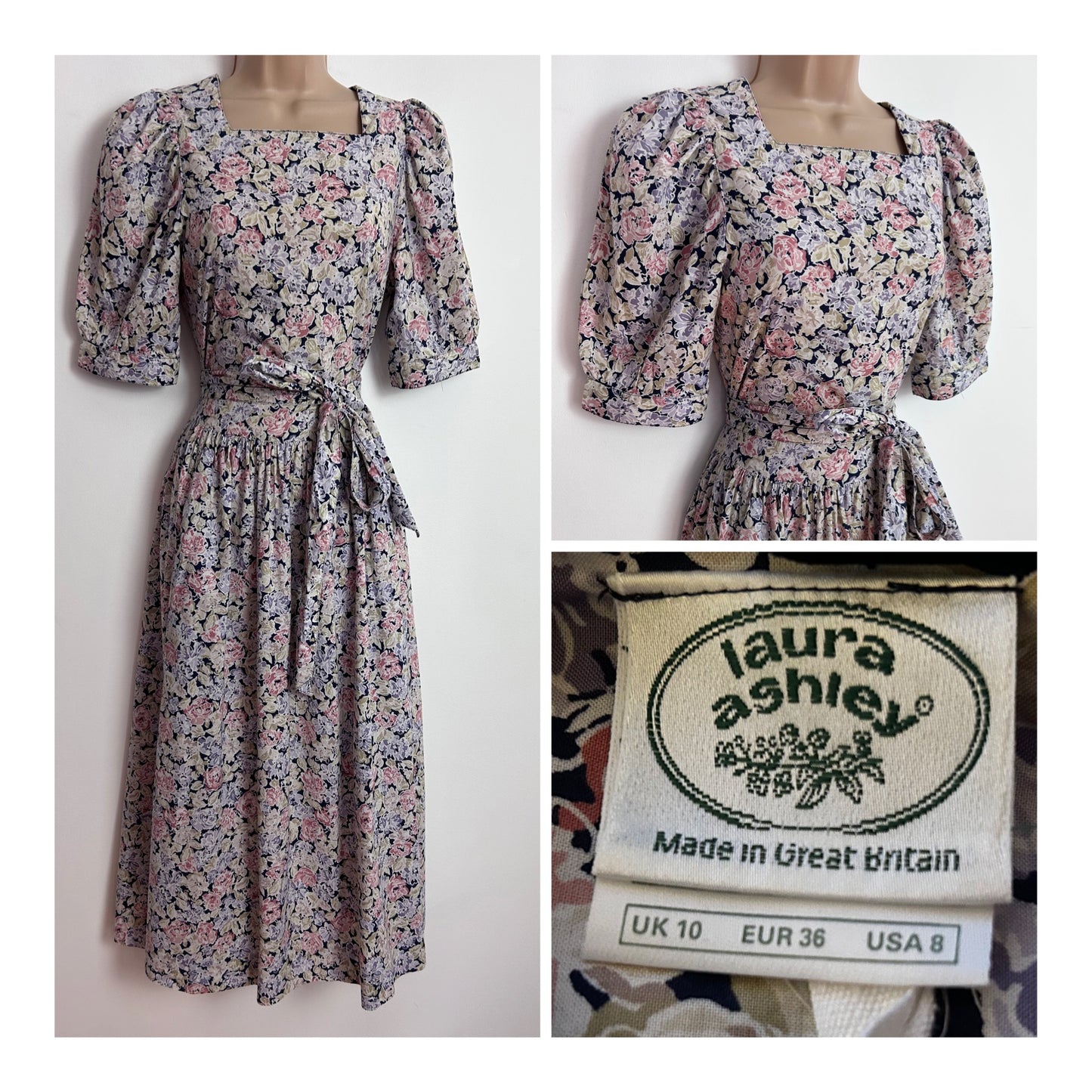 Vintage 1980s LAURA ASHLEY Size 6 (Size 10 On Label) Pretty Floral Print Cotton Tea Dress