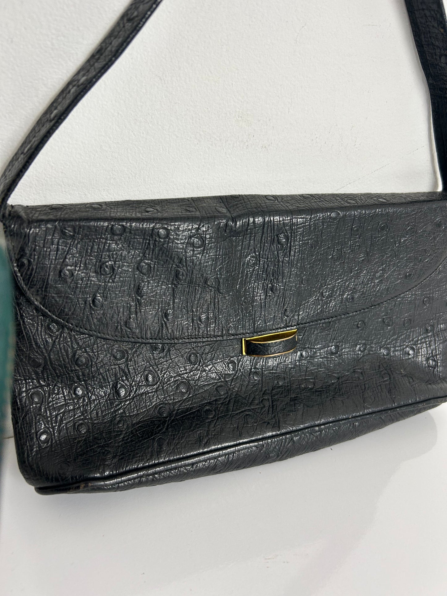 Vintage 1960s Black Ostrich Print Leather Small Handbag
