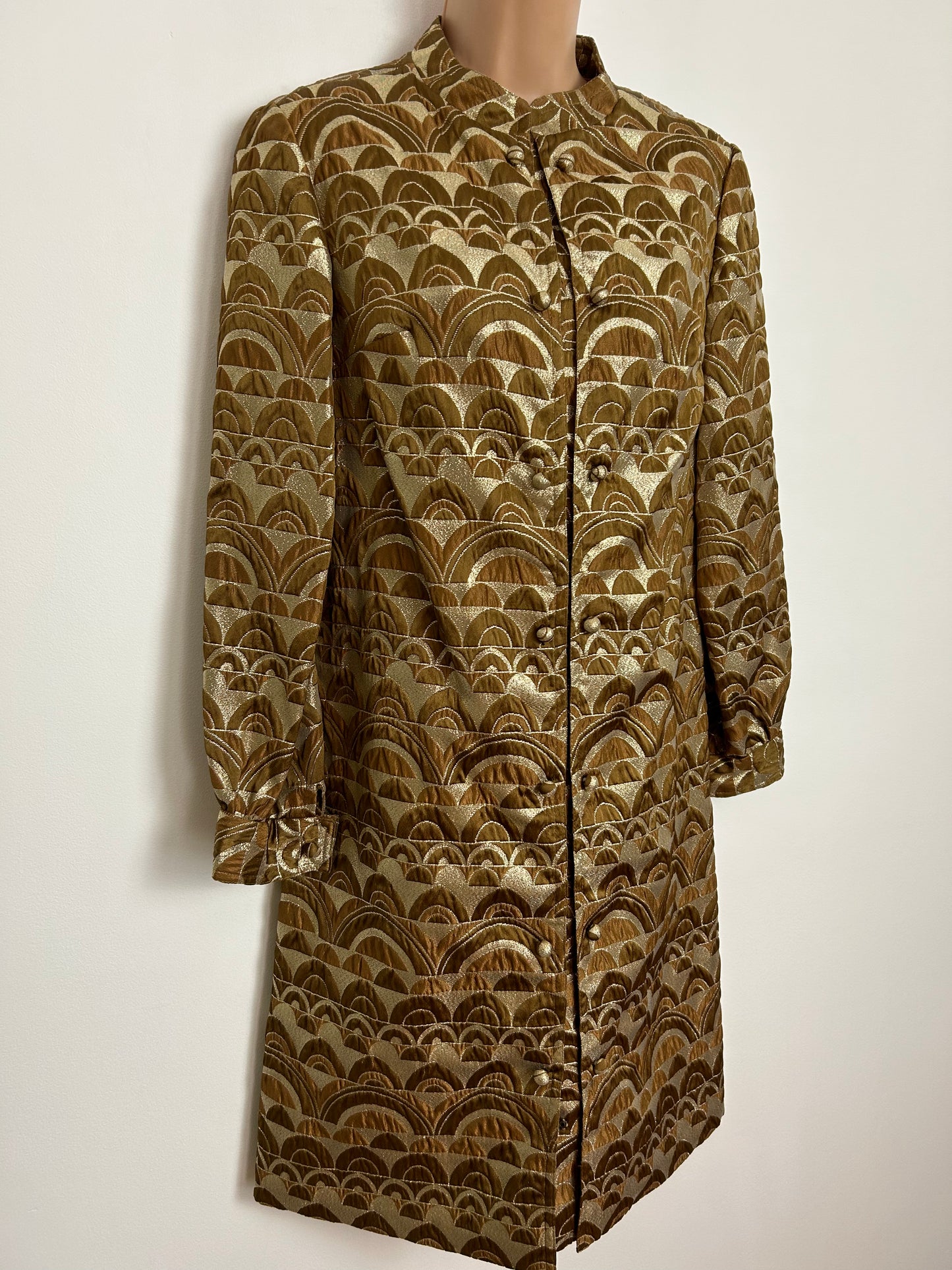 Vintage 1960s LA STRADA UK Size 10 Gold & Bronze Brocade Arc Print Long Sleeve Mod Occasion Party Shift Dress