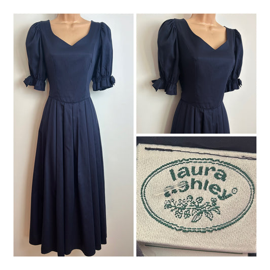 Vintage 1980s LAURA ASHLEY Size 10 (Size 12 On Label) Dark Blue Short Puffed Sleeve Pleated Dress