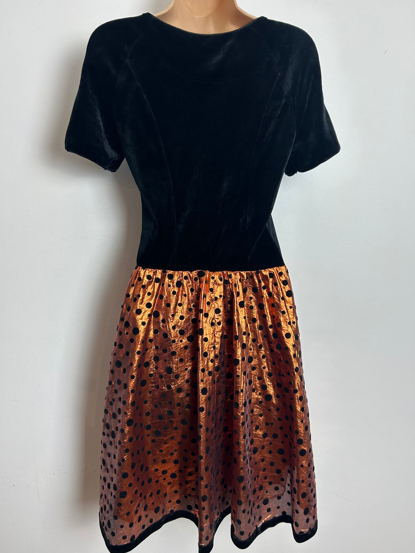Vintage 1980s Size 10 Black & Bronze Velour & Taffeta Flock Polka Dot Party Prom Style Dress