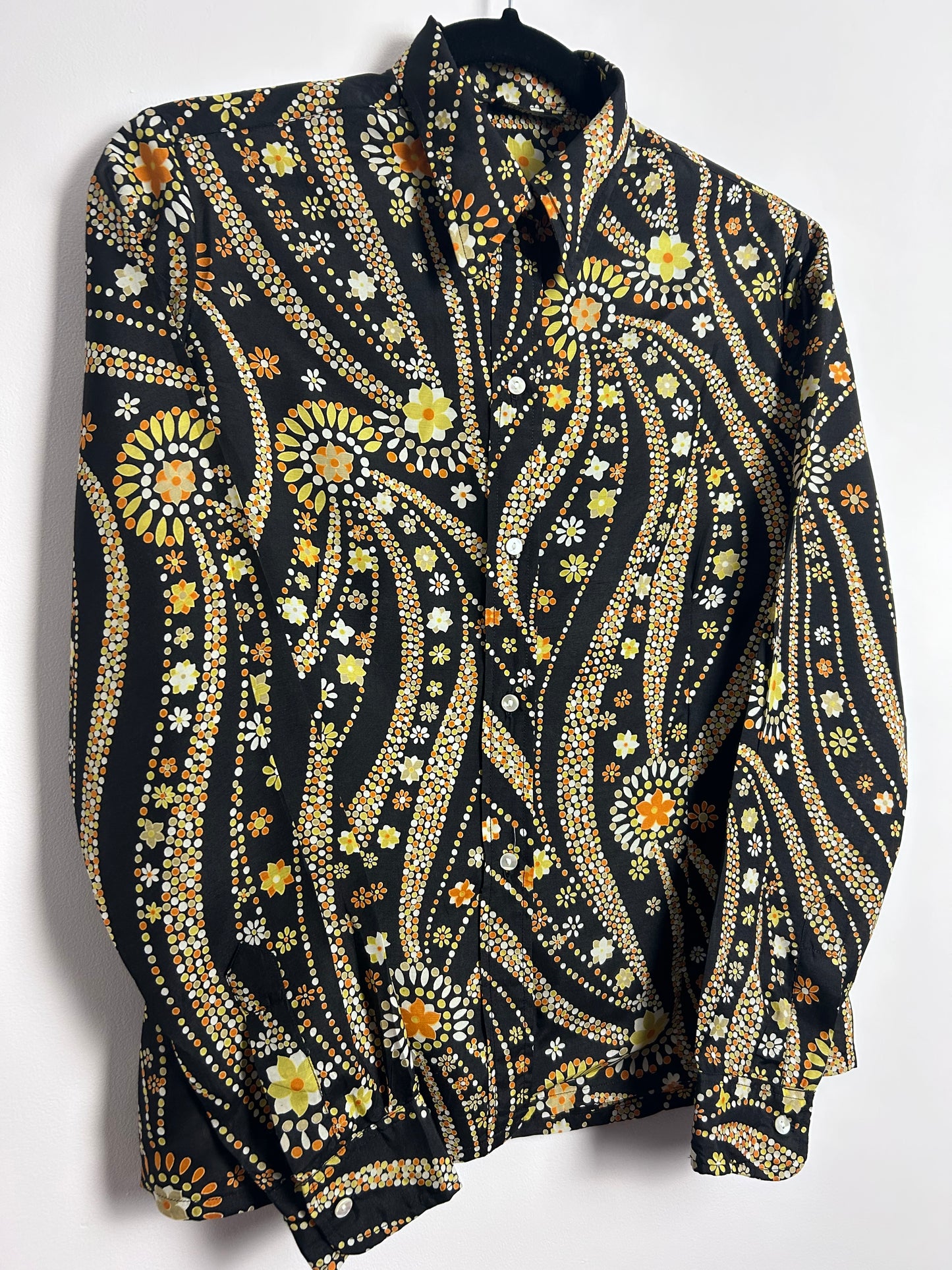 Vintage 1970s Designer FRANCK OLIVIER UK Size 10 100% SILK Black Orange Yellow & White Spot & Flower Print Long Sleeve Shirt