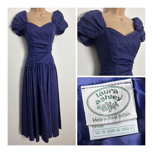 Vintage 1980s LAURA ASHLEY UK Size 6 (Size 10 On Label) Indigo Floral Embossed Puff Sleeve Gather Pleated Midi Dress