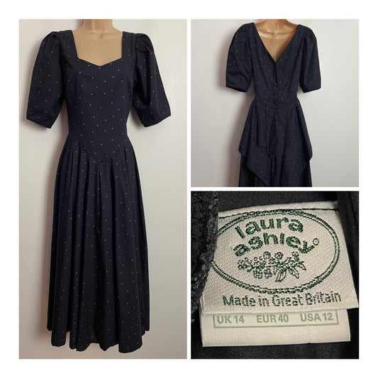 Vintage 1980s LAURA ASHLEY UK Size 10 ( Size 14 On Label) Black & Pink Polka Dot Print Midi Dress