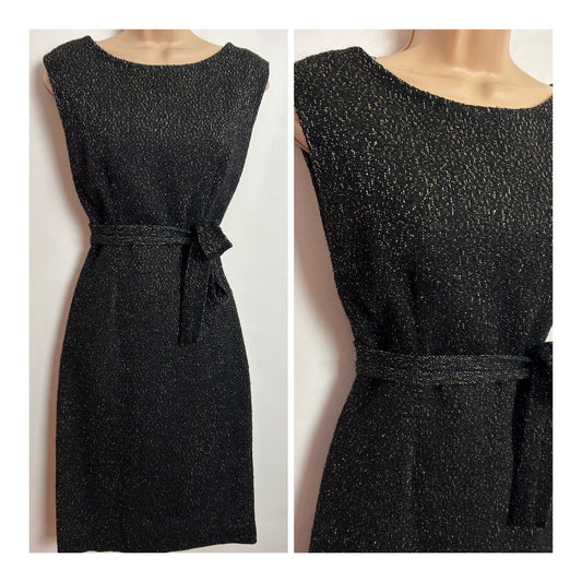 Vintage 1960s UK Size 10 Black & Metallic Thread Belted Xmas Party Dress
